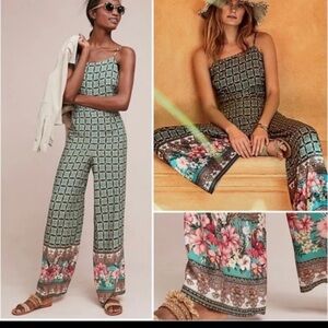 Anthropologie Farm Rio Honolulu Jumpsuit Floral Border Green Pink Red | Size XS